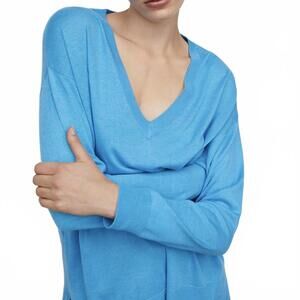 Mango V-Neck Pullover with Slits Lombia Jersey Blue NWT Size XS